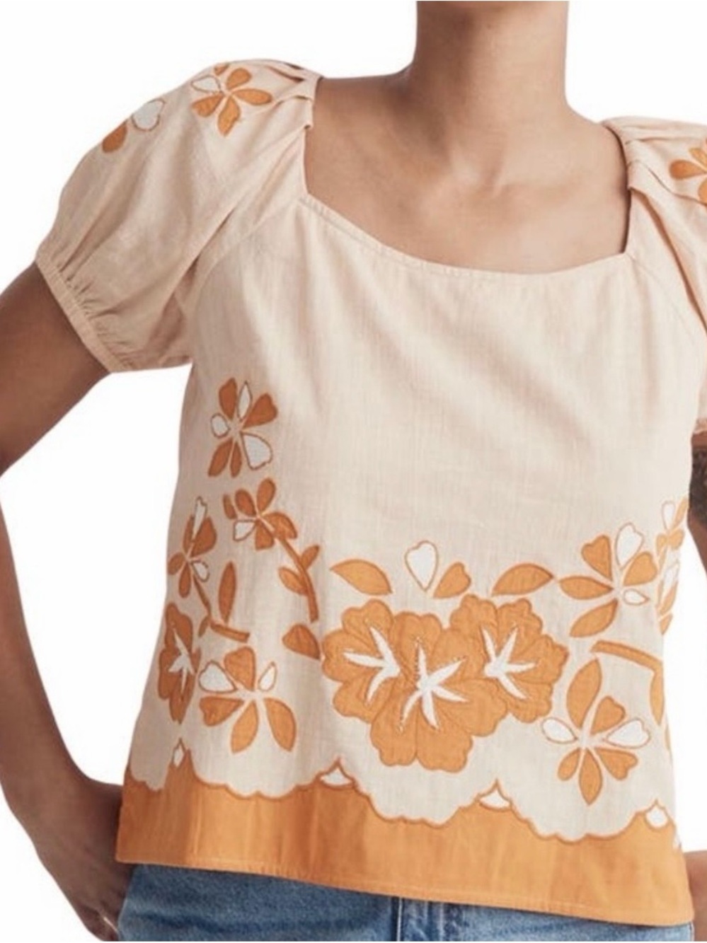 Madewell Embroidered Lace Up Back Cotton Top in Marzipan